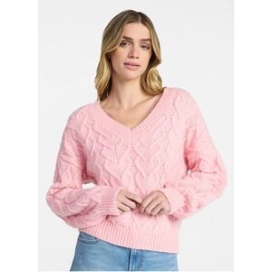 Women's V-Neck Pullover Pink Cable Soft Cozy Knit Sweater Sz L Cottage Barbie